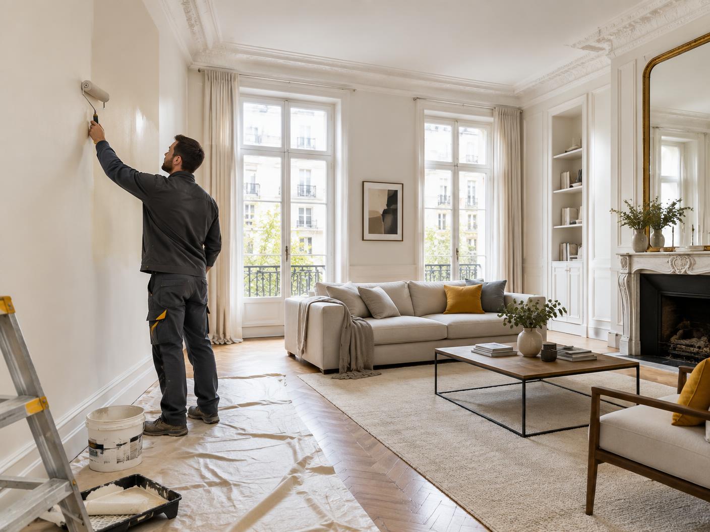 Peintre réalisant les finitions d’un intérieur résidentiel