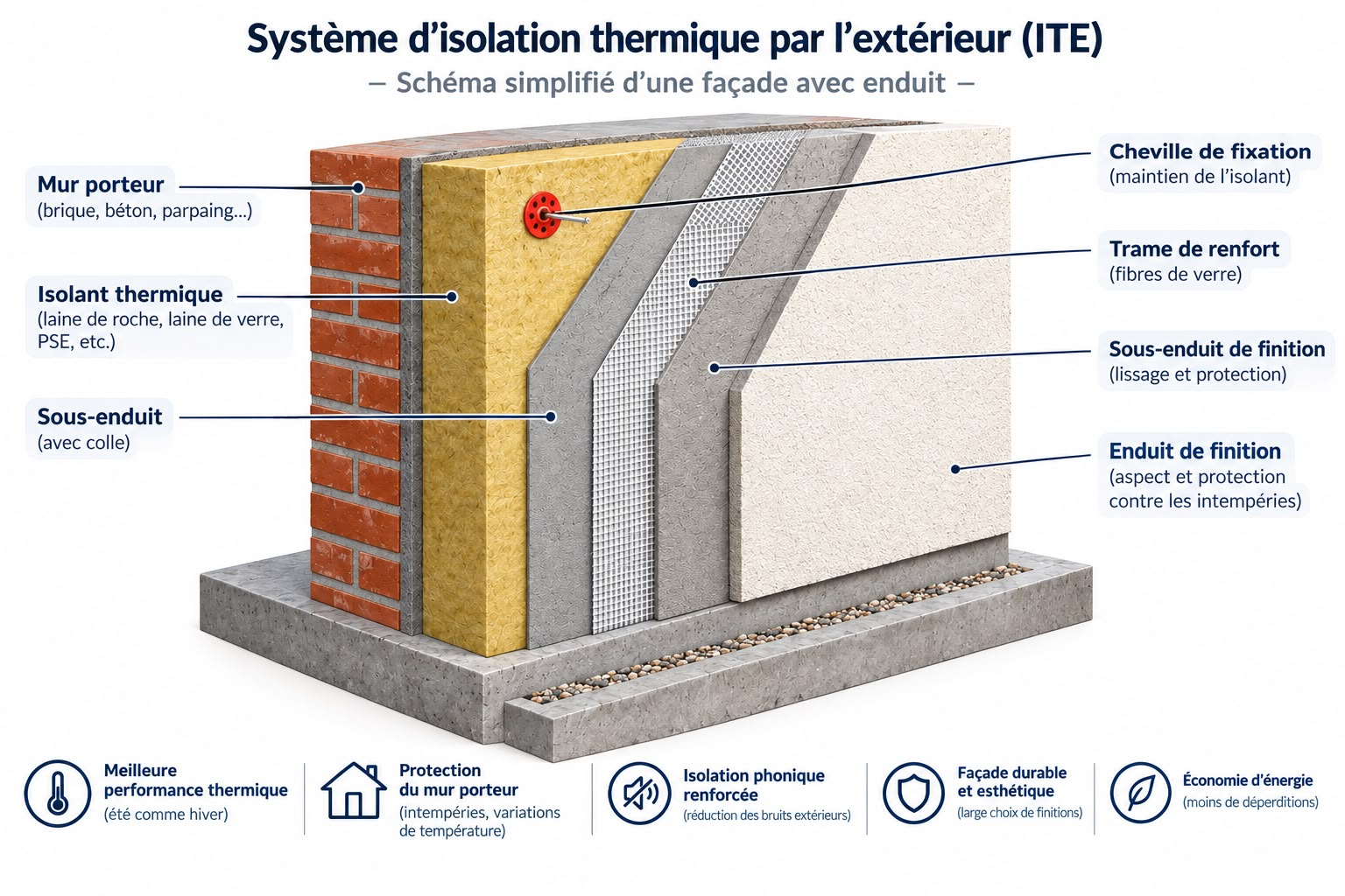 Système d’isolation thermique par l’extérieur : mur porteur, isolant, sous-enduit, trame de renfort, cheville de fixation, sous-enduit et enduit de finition